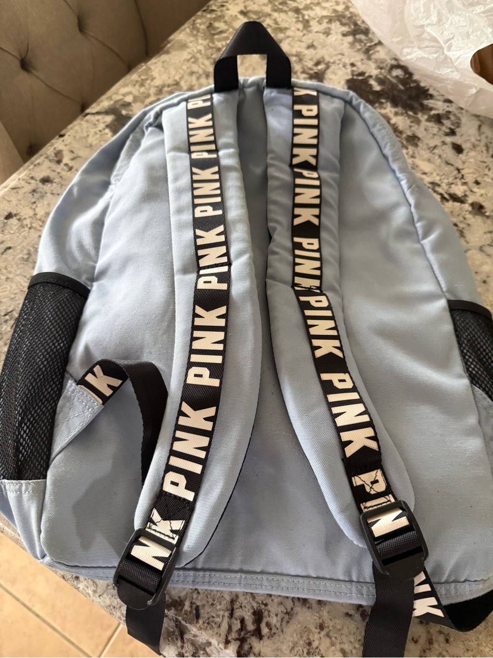 PINK Victoria's Secret Light Blue Backpack with Logo Webbing